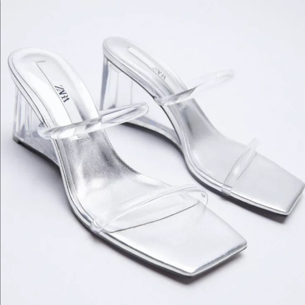 Zara Metallic Silver, Clear Double Strap Wedge Sandals